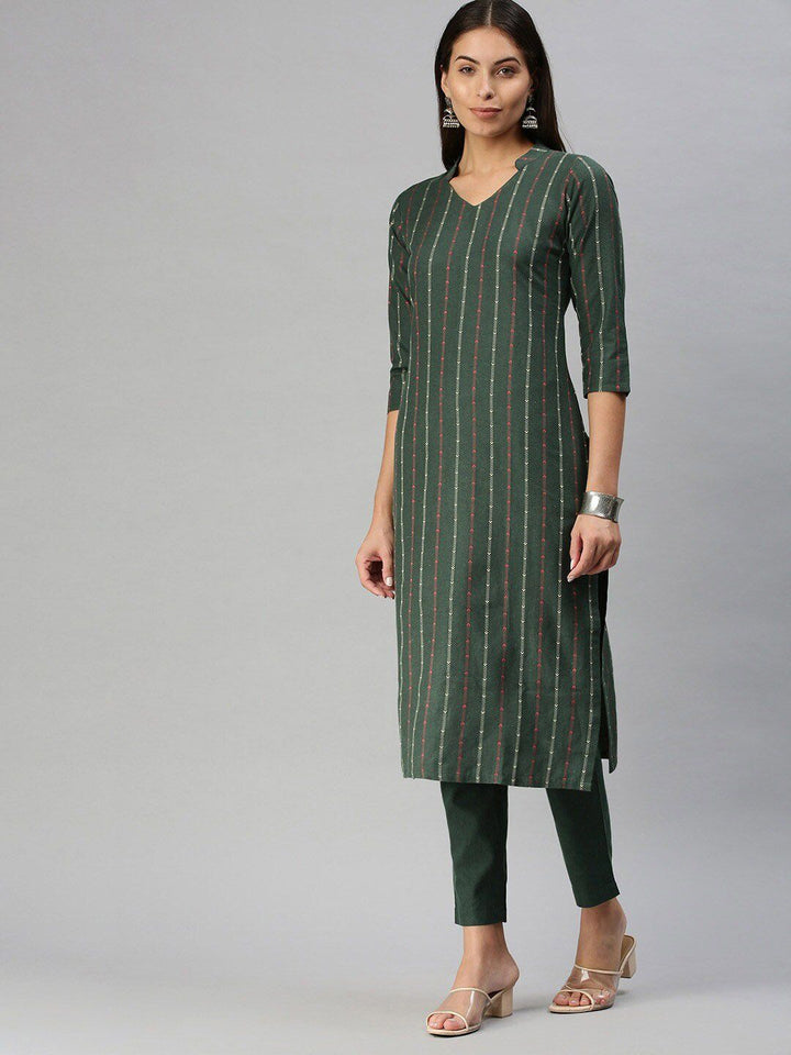 KALINI Mandarin Collar  Woven Design Kurta with Trousers