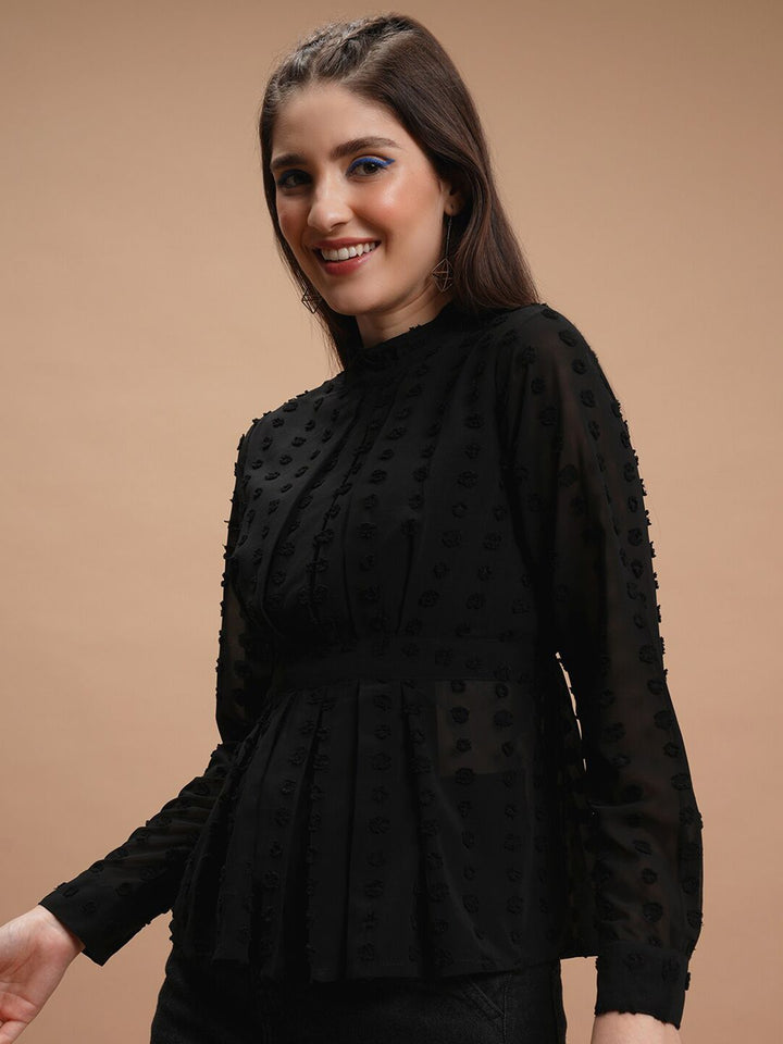 Tokyo Talkies Black Self Design High Neck Peplum Top