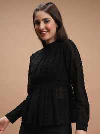 Tokyo Talkies Black Self Design High Neck Peplum Top