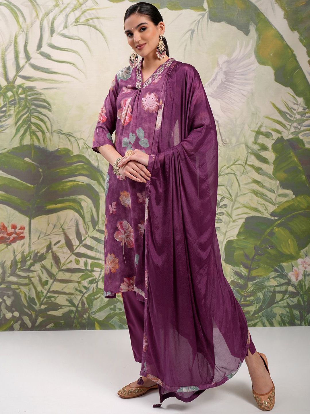 Vishudh Burgundy Floral Printed Beads & Stones Straight Kurta With Trousers & Dupatta