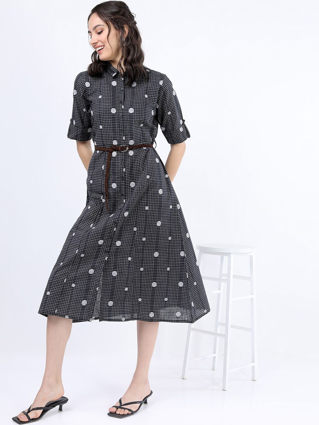 Vishudh Black Checked Shirt Dress