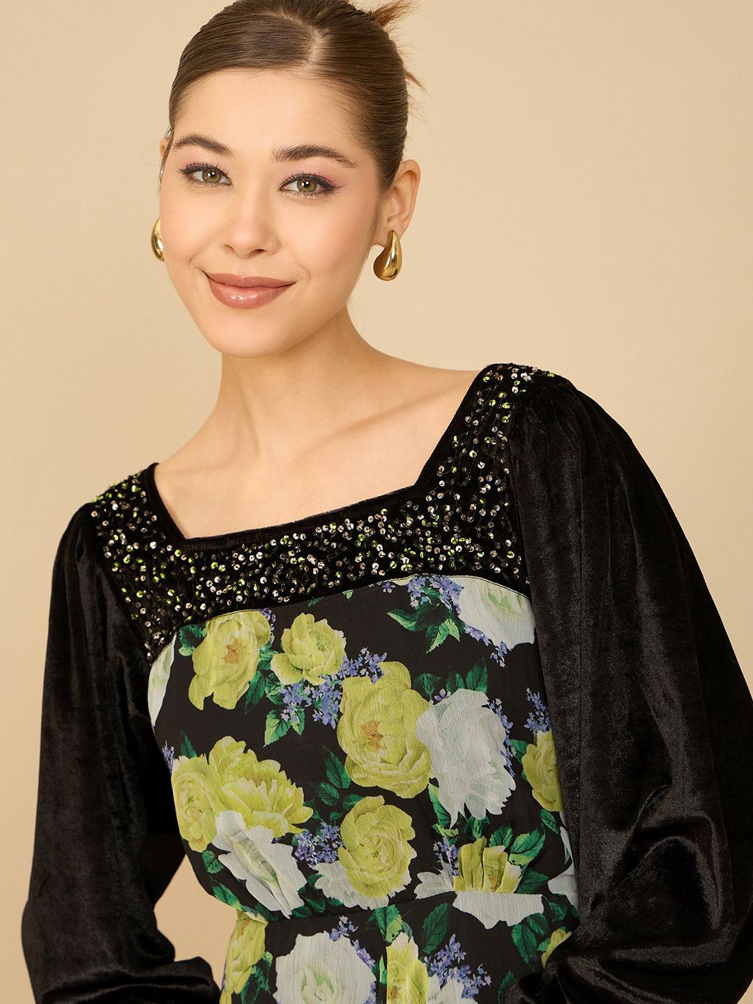 Antheaa Women Floral Printed Embellished Fit & Flare Dress