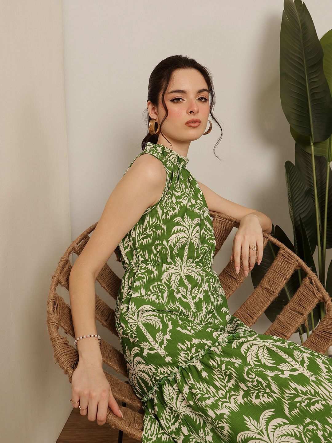 STREET 9 Women Tropical Printed Sleeveless Cotton Fit and Flare Maxi Dress