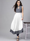 SOJANYA Wanita Navy Blue & White Yoke Design Anarkali Kurta