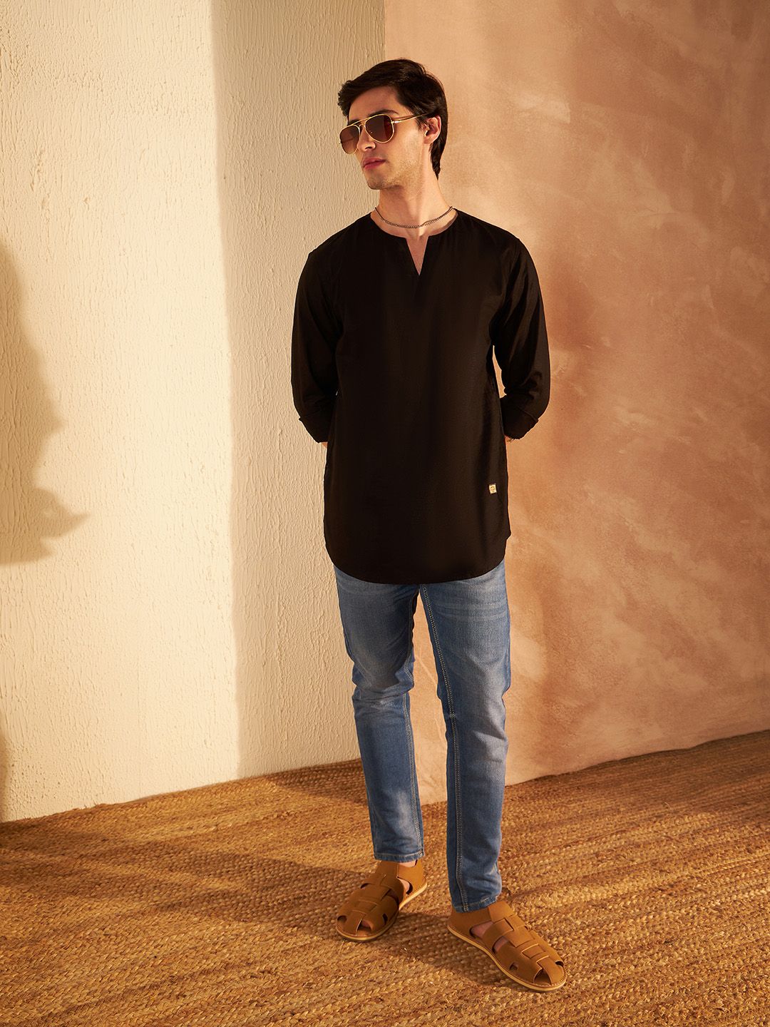 DENNISON Men Black Comfort Slim Fit Short Kurta