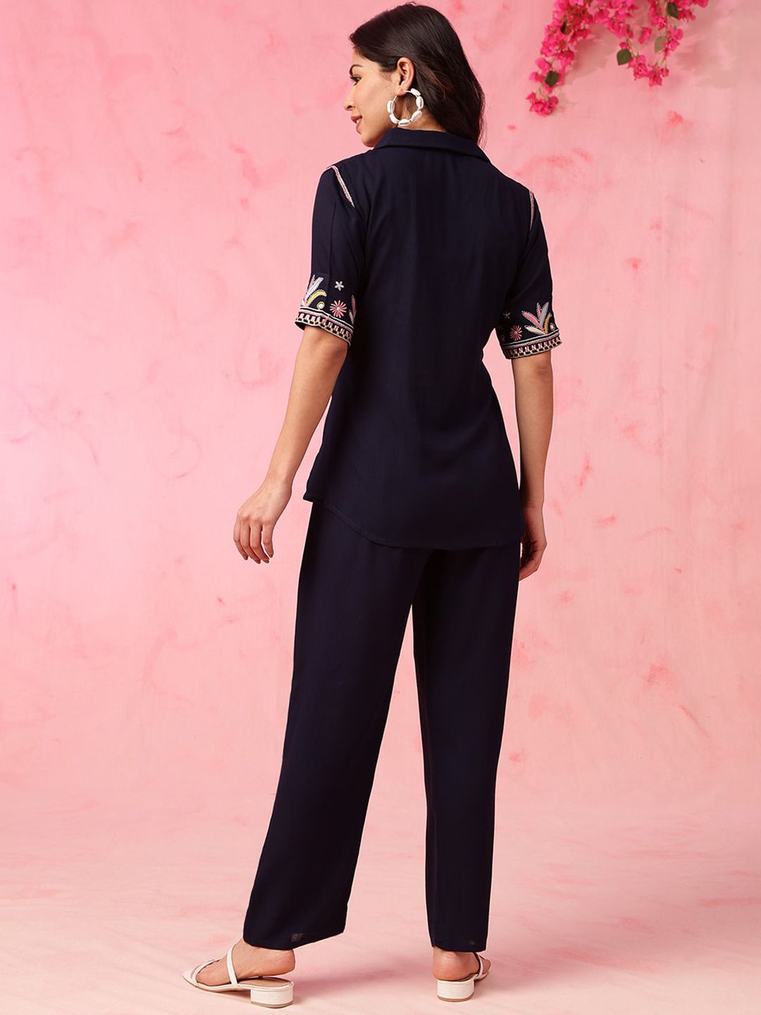 Anouk Navy Blue Embroidered Top With Trousers Co-Ords