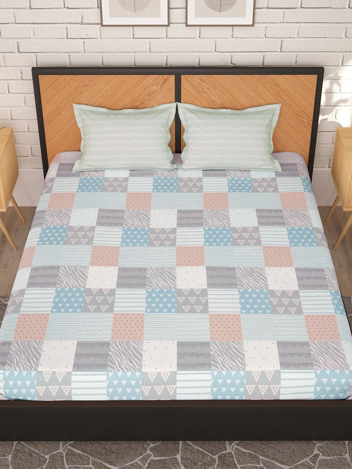 Story@home Peach & White Geometric 180 TC Queen Bedsheet with 2 Pillow Covers