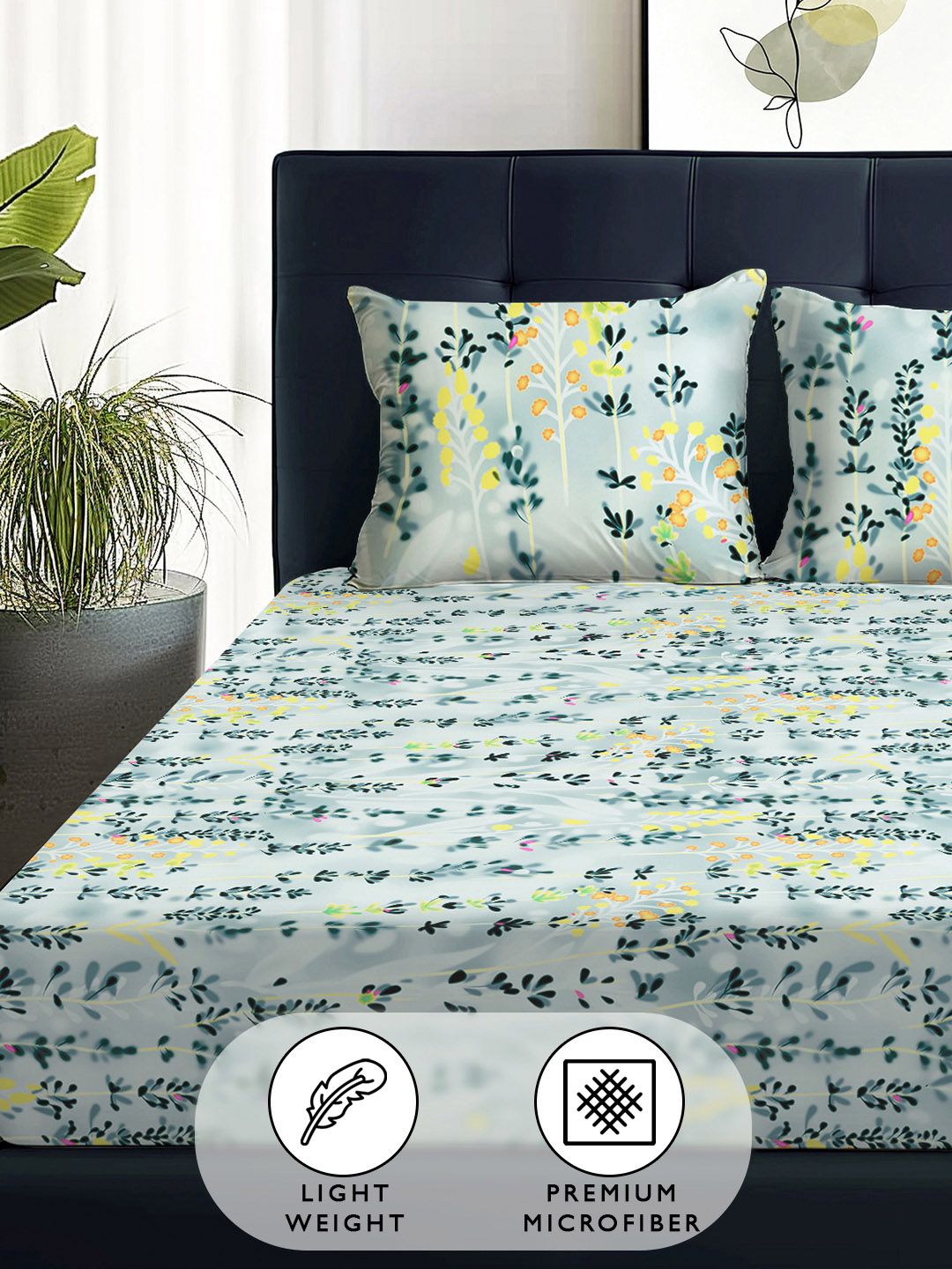 Story@home Arena Grey & Blue Floral Printed 180 TC Queen Bedsheet & 2 Pillow Covers