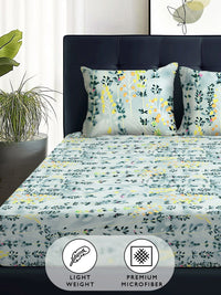 Story@home Arena Grey & Blue Floral Printed 180 TC Queen Bedsheet & 2 Pillow Covers
