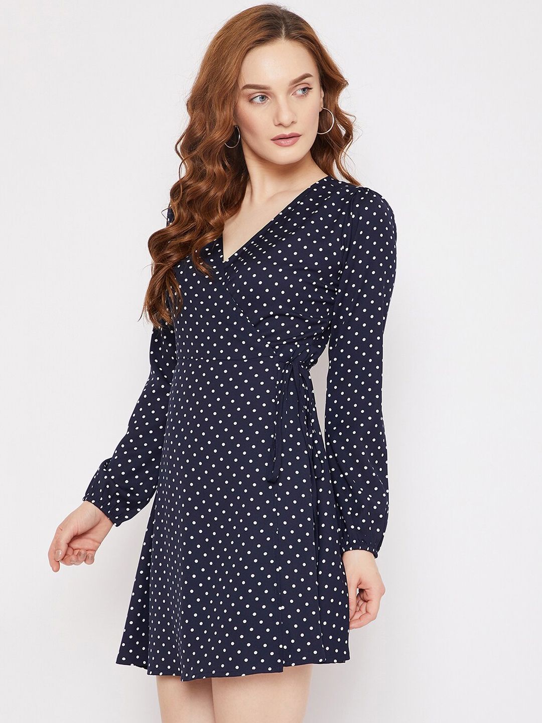 Berrylush Women Navy Blue Polka Dots Printed Crepe Wrap Dress