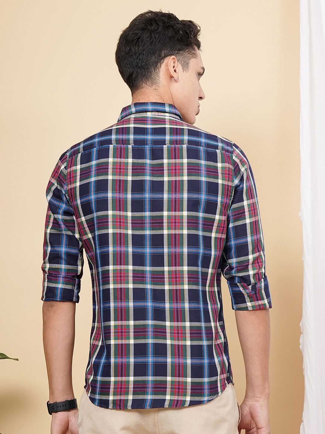The Indian Garage Co Men Navy Blue & Grey Checked Pure Cotton Casual Shirt