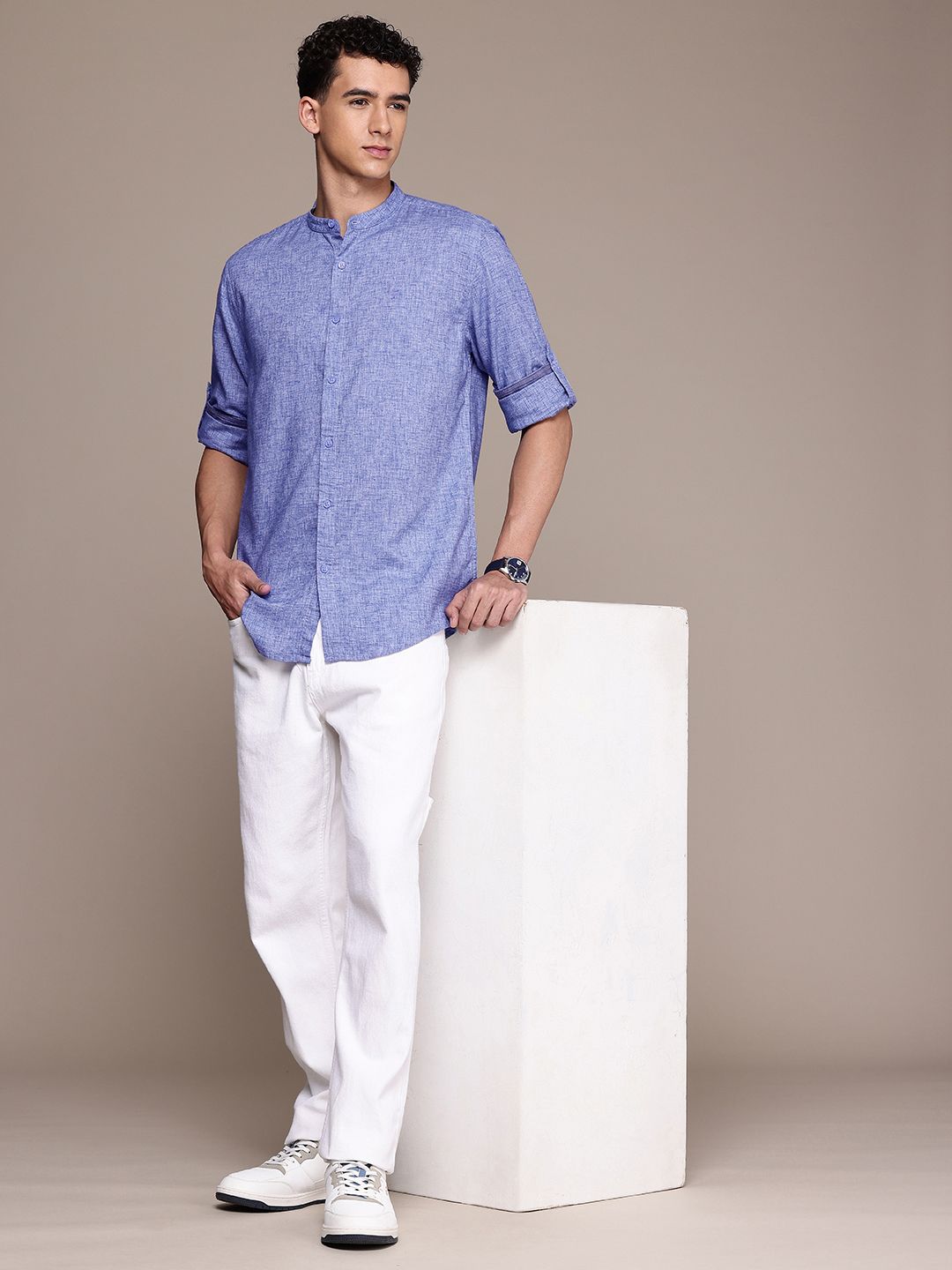 French Connection Slim Fit Band Collar Roll-Up Sleeves Casual Shirt