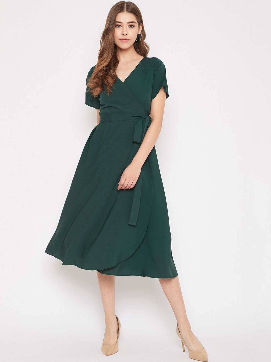 Berrylush Green Crepe Midi Wrap Dress