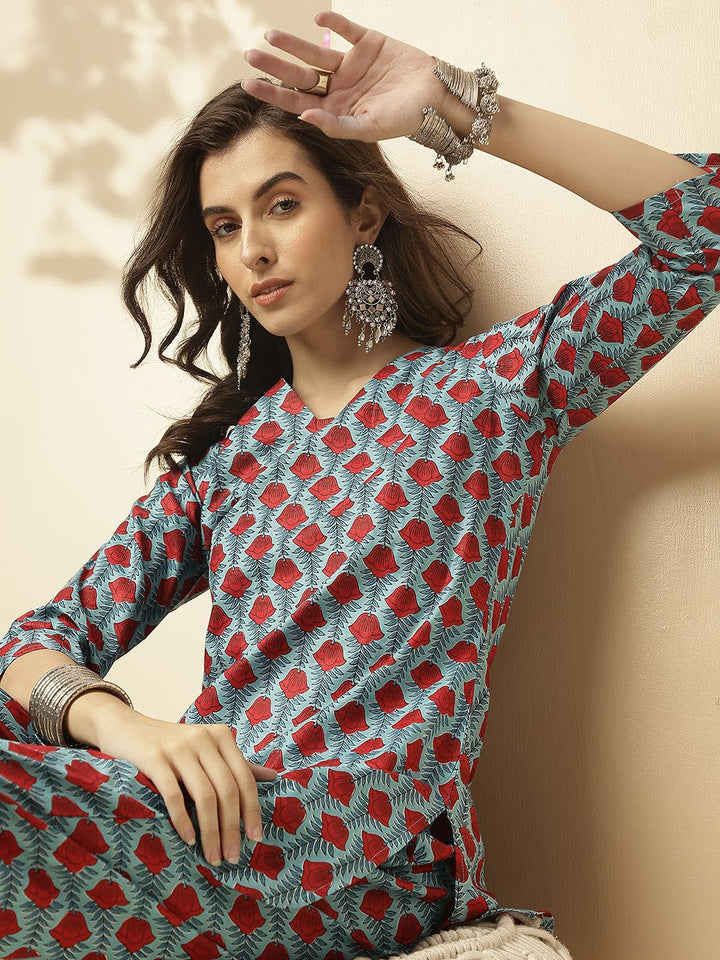 KALINI Ethnic Motifs Printed V-Neck Three-Quarter Sleeves Pure Cotton Tunic & Trousers