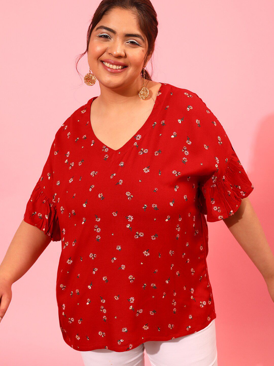 CURVY STREET Floral Printed Bell Sleeves Top