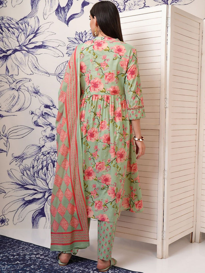 Vishudh Green Floral Printed Mirror Work Pure Cotton Kurta With Trousers & Dupatta