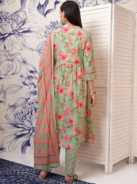 Vishudh Green Floral Printed Mirror Work Pure Cotton Kurta With Trousers & Dupatta