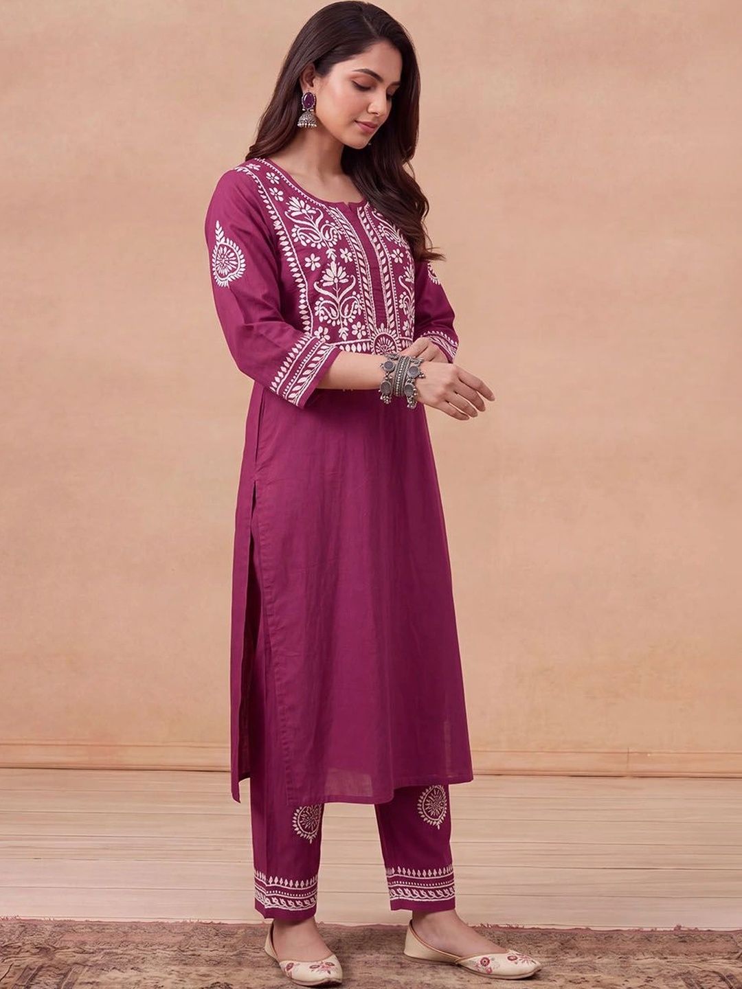 House of Chikankari Women Ethnic Motifs Embroidered Regular Thread Work Kurta with Trousers