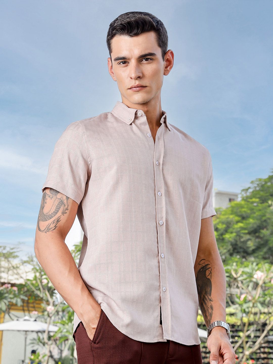Thomas Scott Men Premium Fit Button-Down Collar Textured Casual Shirt