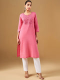 Global Desi Ethnic Motifs Notch Neck Yoke Design Thread Work Cotton Kurta