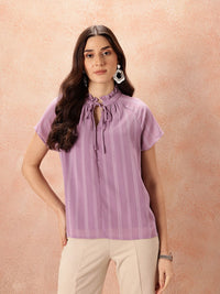 all about you Tie-Up Neck Ruffled Self - Striped Top