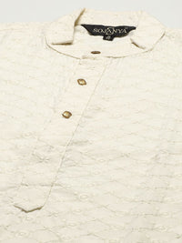 SOJANYA Men Cream-Coloured Chikankari Pure Cotton Kurta with Churidar & Nehru Jacket