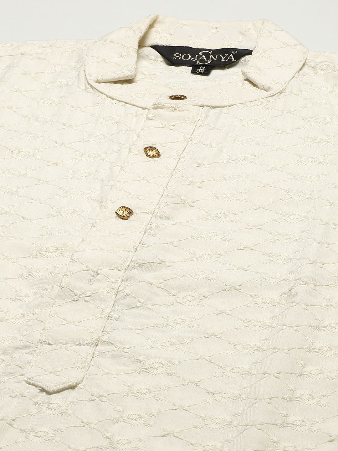 SOJANYA Men Cream-Coloured Chikankari Pure Cotton Kurta with Churidar & Nehru Jacket