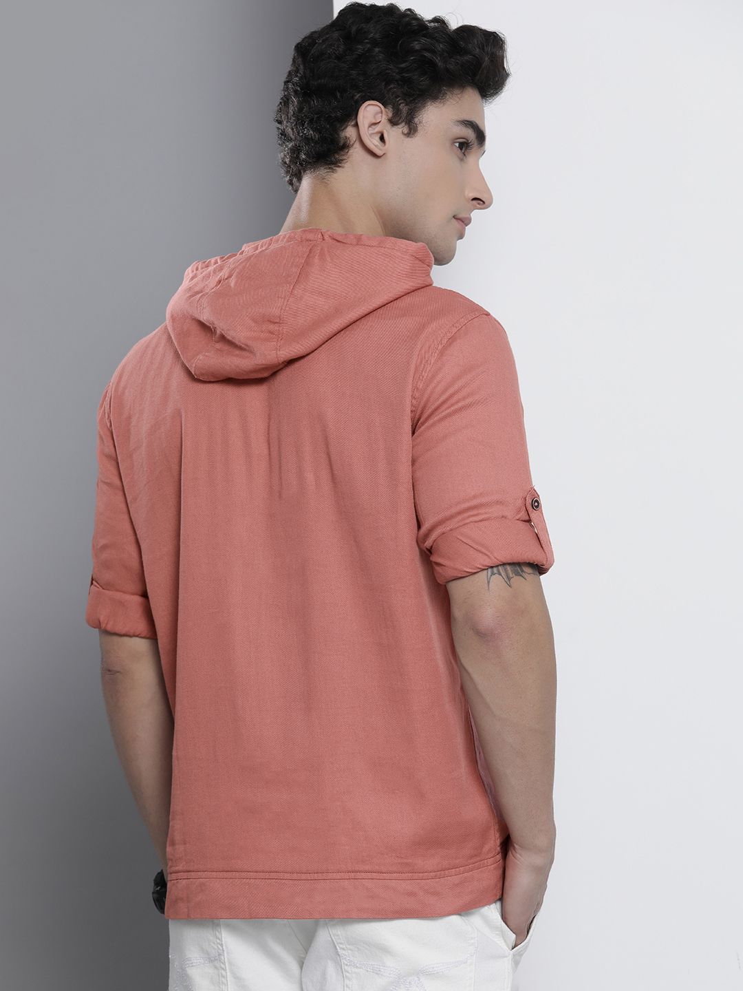 The Indian Garage Co Men Pink Solid Pure Cotton Hooded Sweatshirt-Style Shirt