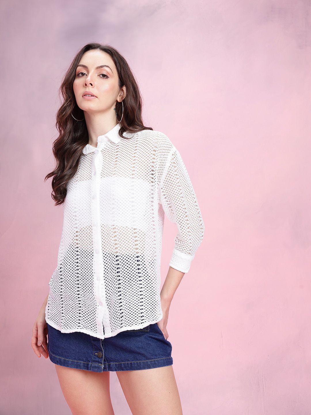DressBerry Open-Knit Sheer Crochet Shirt