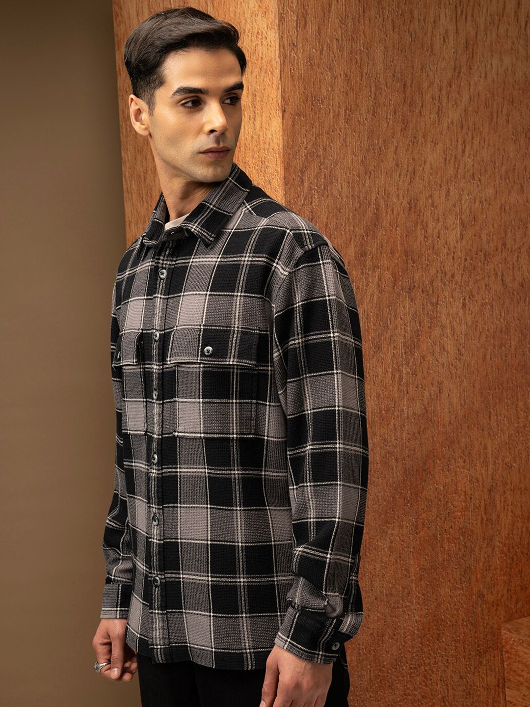 LOCOMOTIVE Premium Oversized Waffle Dobby Textured Checked Utility Pocket Overshirt
