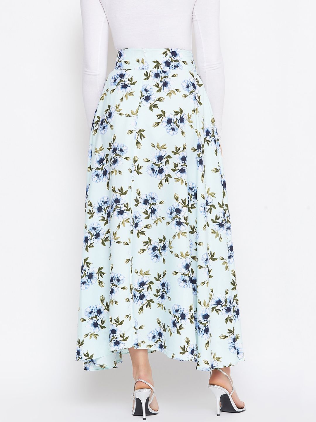 Berrylush Green & Blue Printed Flared Maxi Skirt