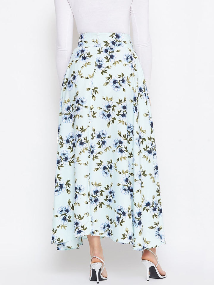 Berrylush Green & Blue Printed Flared Maxi Skirt