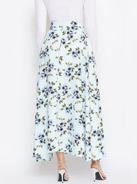 Berrylush Green & Blue Printed Flared Maxi Skirt