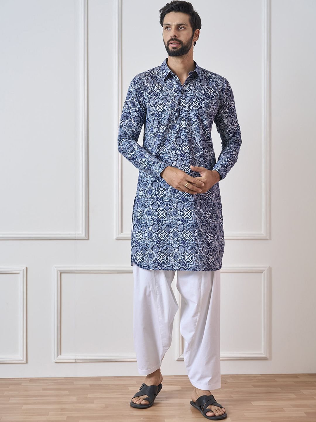 See Designs Shirt Collar Ethnic Motifs Printed Pathani Pure Cotton Kurta
