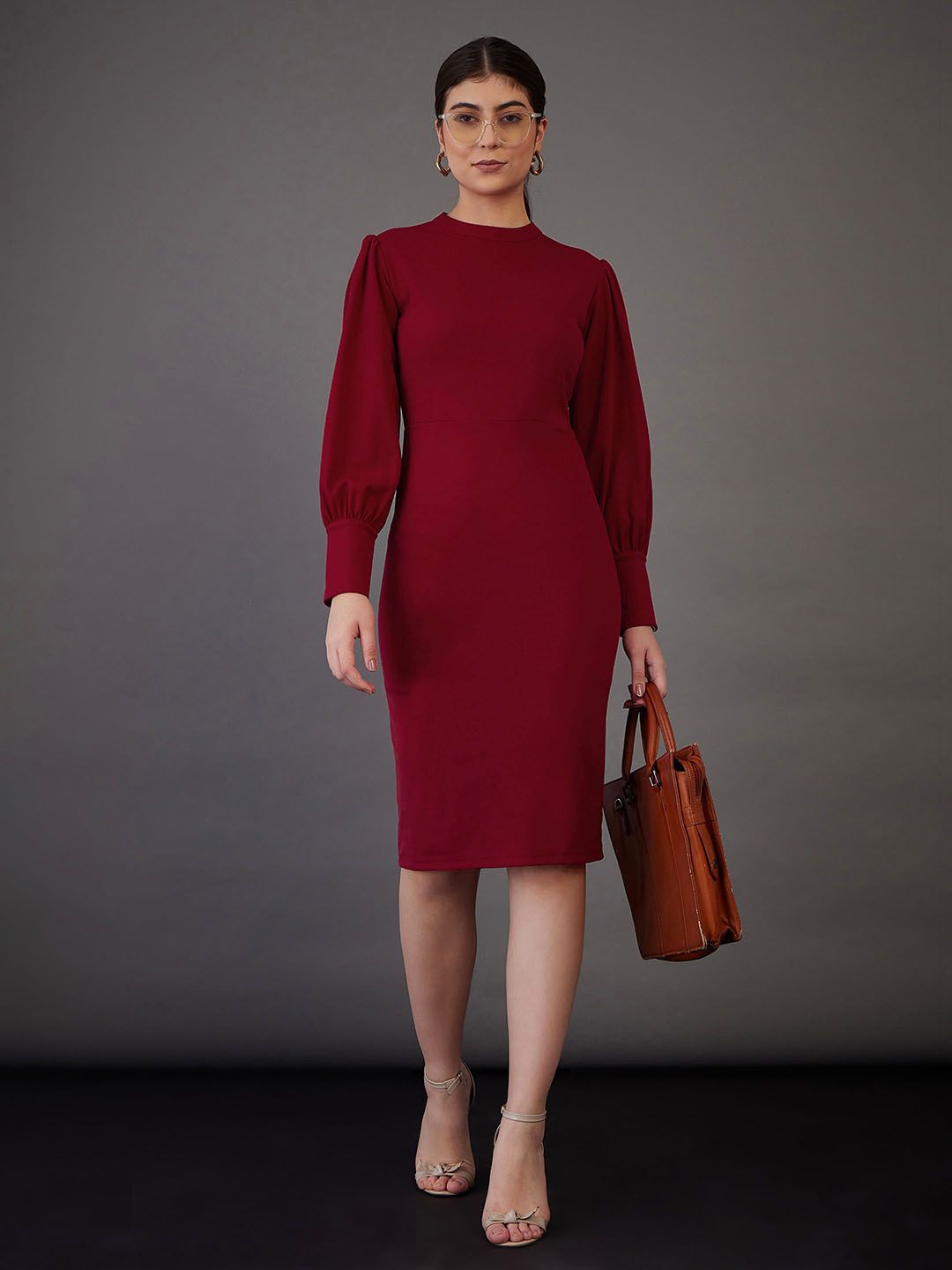 SASSAFRAS worklyf High Neck Puff Sleeves Formal Sheath Dress