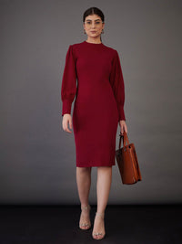 SASSAFRAS worklyf High Neck Puff Sleeves Formal Sheath Dress