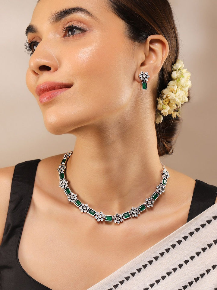 Rubans Oxidised Silver Plated Emerald Studded Handcrafted Floral Necklace Set
