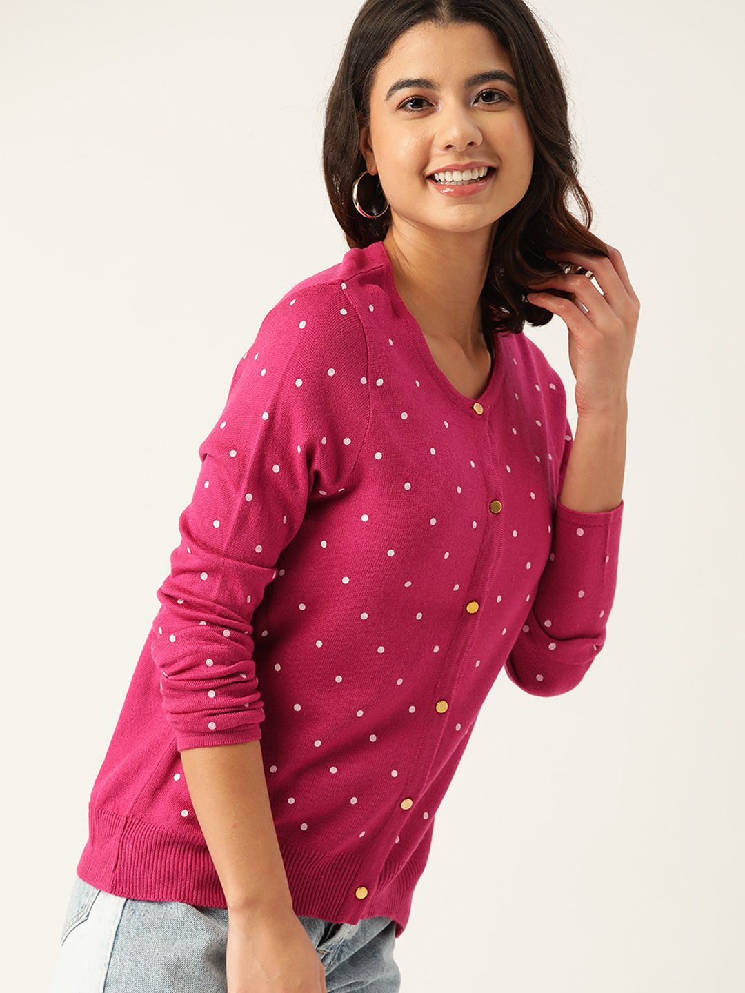 DressBerry Women Pink & White Printed Front-Open Sweater