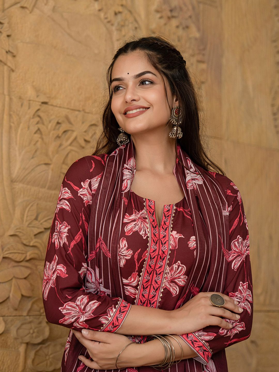 KALINI Floral Printed Notch Neck Straight Kurta With Trousers & Dupatta