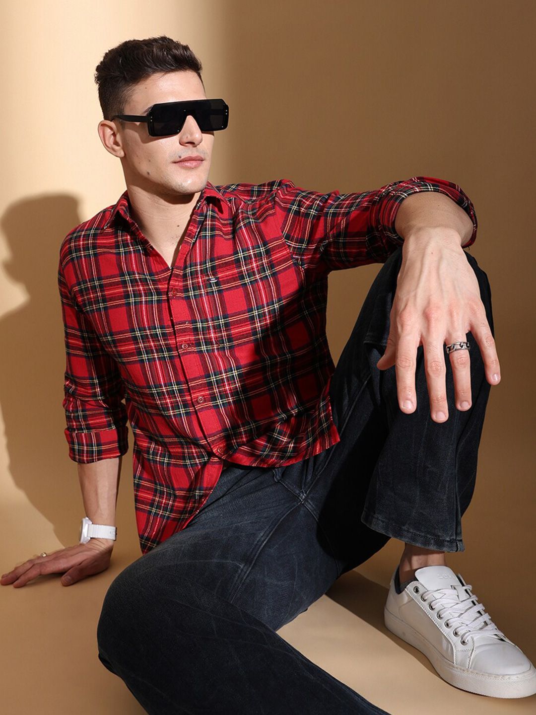 The Indian Garage Co Slim Fit Tartan Checked Pure Cotton Casual Shirt