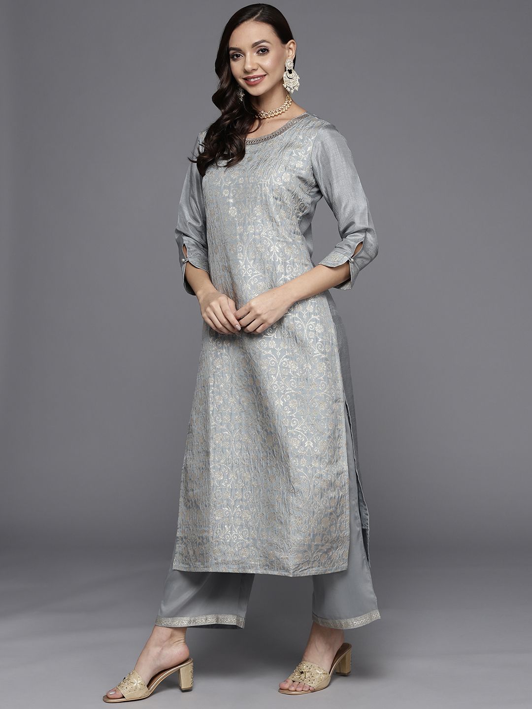 Libas Women Grey & Golden Kurta with Palazzos & Dupatta