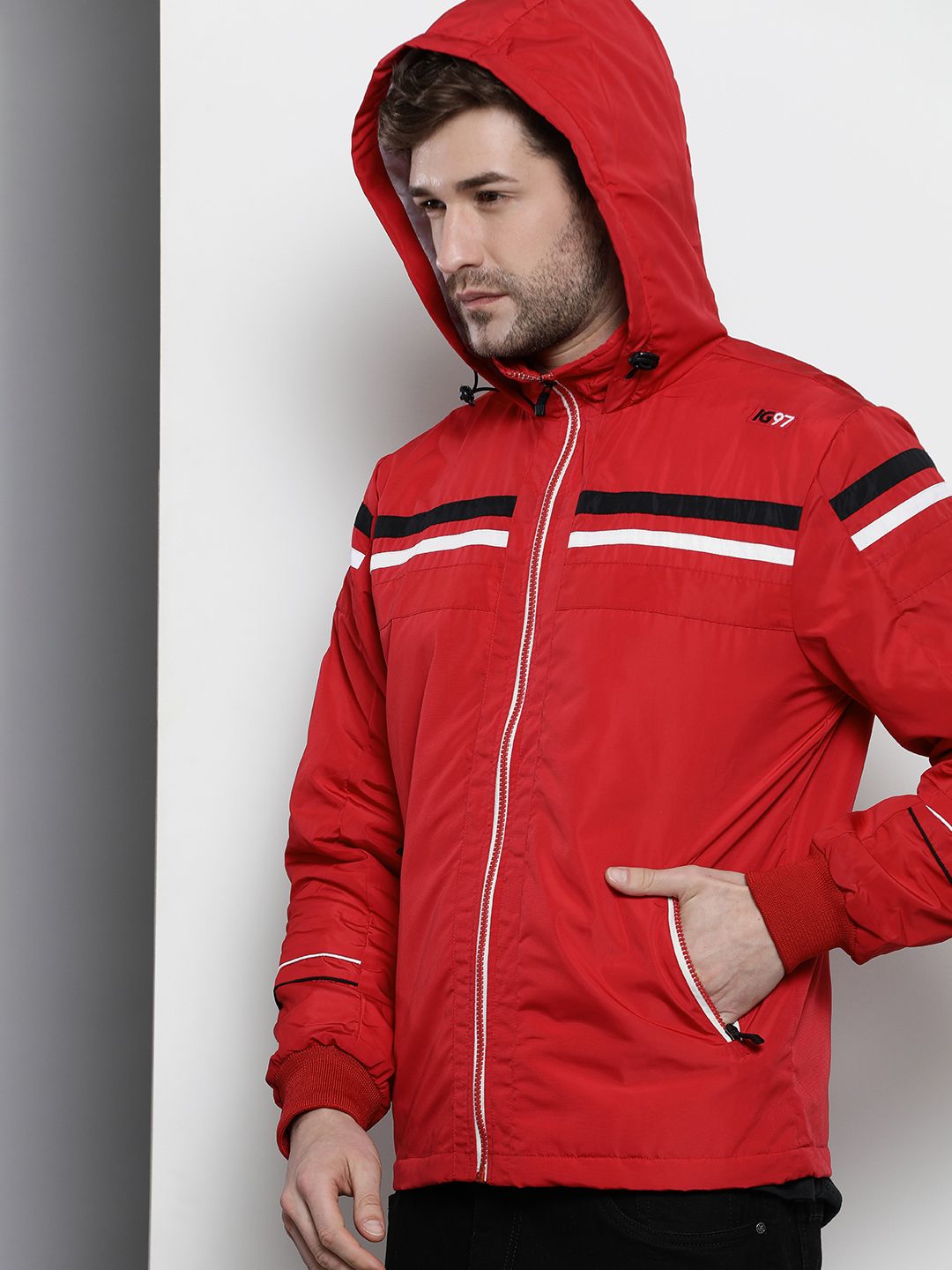 The Indian Garage Co Hooded Slim Fit Bomber Jacket with Zippered Insert Pockets