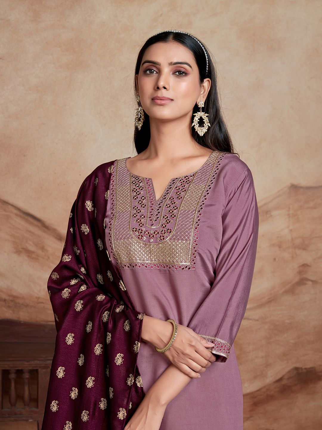 KALINI Ethnic Motifs Embroidered Chanderi Silk Straight Kurta With Palazzos & Dupatta