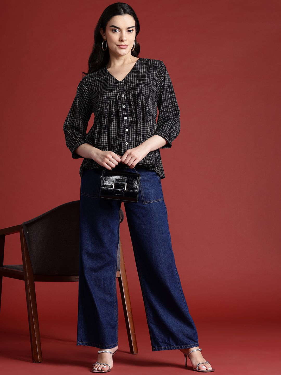 all about you Checked Print Puff Sleeve Empire Top