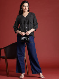 all about you Checked Print Puff Sleeve Empire Top