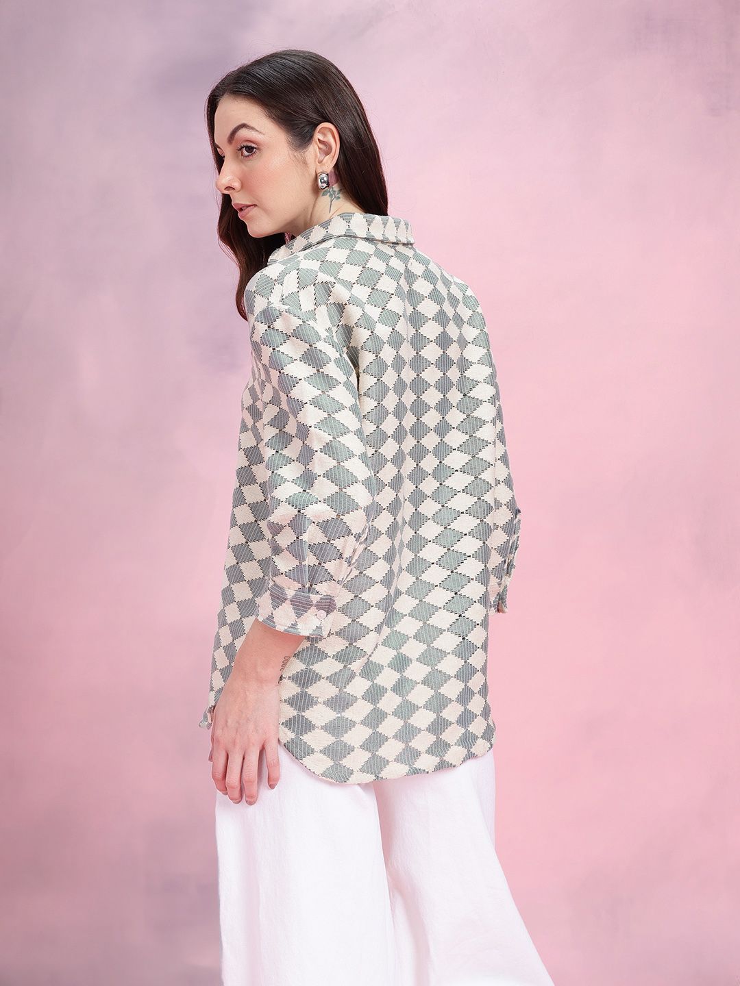 DressBerry Geometric Self-Design Drop-Sleeves Crochet Semi-Sheer Casual Shirt