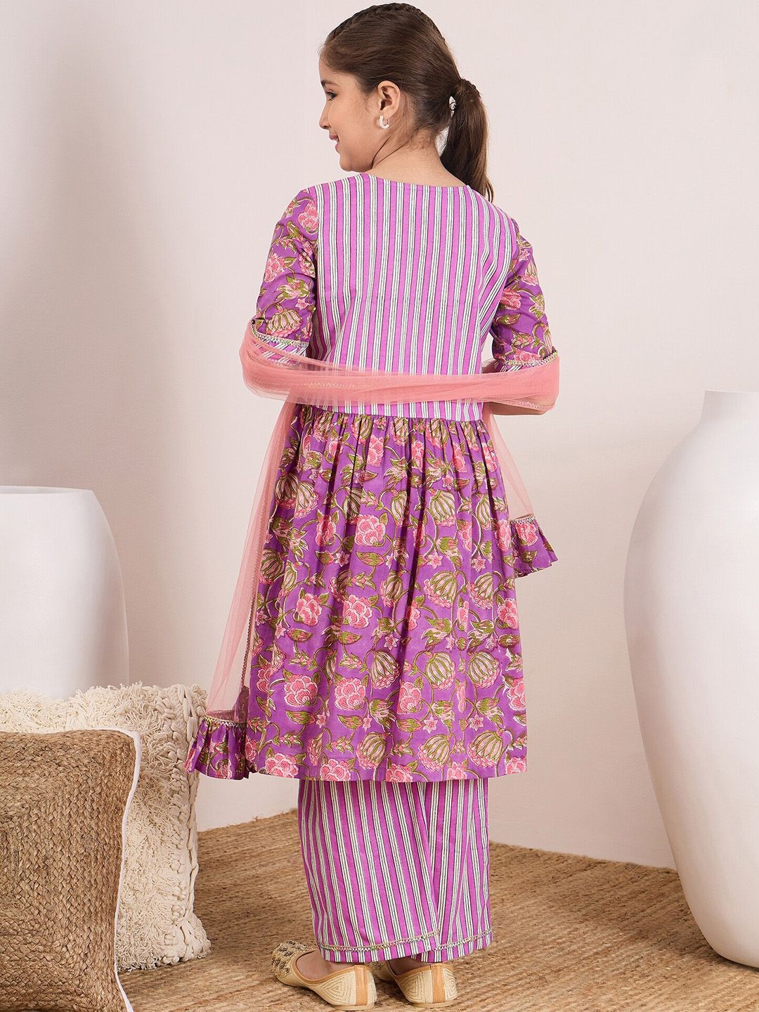 pspeaches Girls Floral Printed Gotta Patti Pure Cotton Kurta & Palazzos With Dupatta
