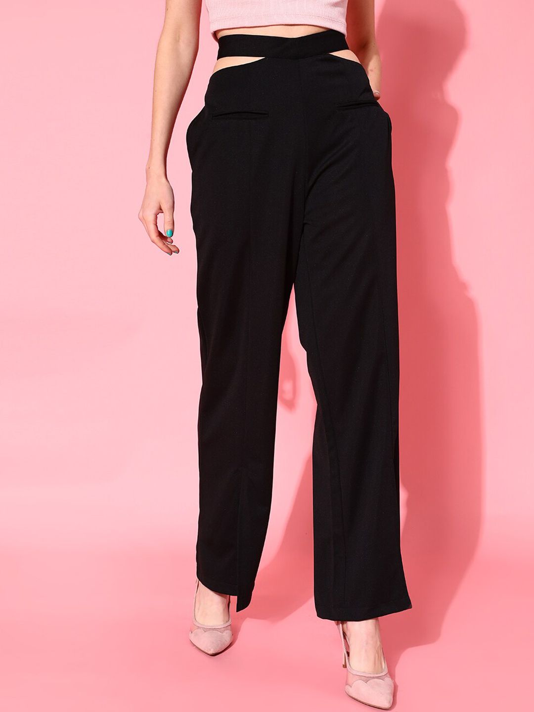 STREET 9 Women Black Solid Loose Fit High-Rise Trousers