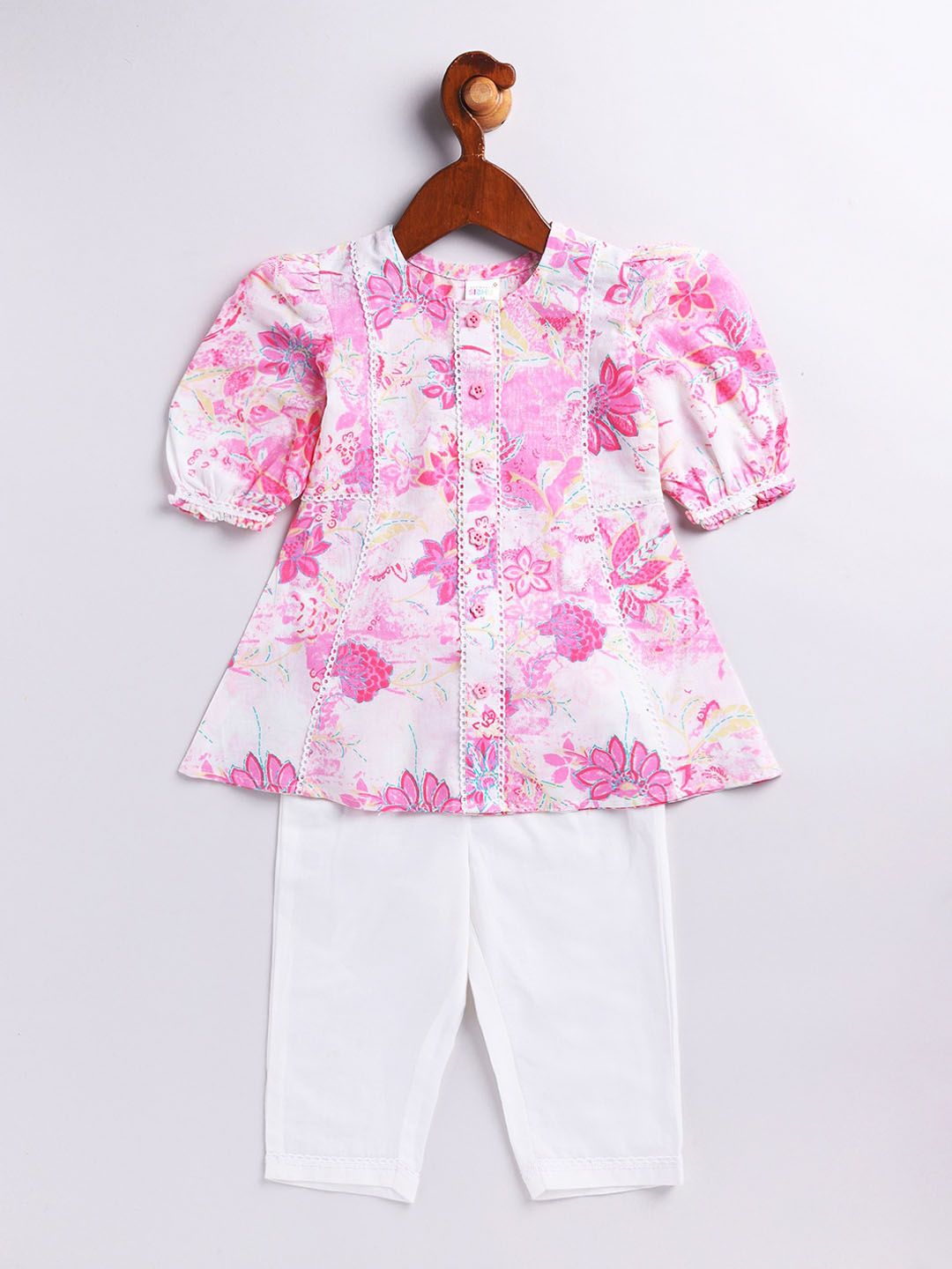 VASTRAMAY Girls Floral Printed Regular Pure Cotton Kurta with Trousers