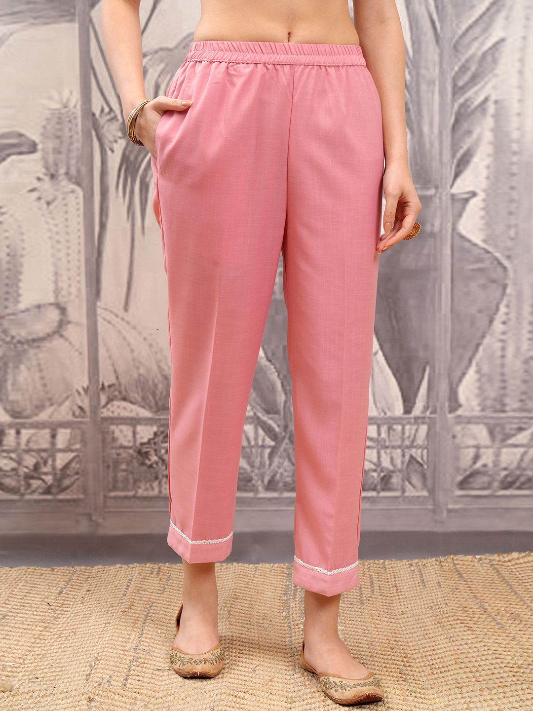 Vishudh Pink Floral Printed V-Neck Pure Cotton Straight Kurta With Trousers & Dupatta